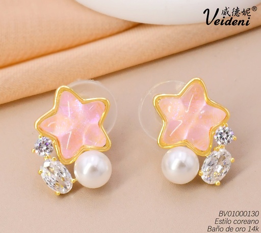 [BV01000130] ARETES BAÑO DE ORO 14K.ESTRELLA ROSADA C/PERLA COLGANTE EH-2908 (VEI080926)