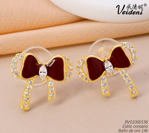 [BV01000136] ARETES BAÑO DE ORO 14K.LAZO ROJO C/ZIRC. EH-2572 (VEI080926)