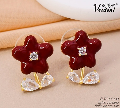 [BV01000139] ARETES BAÑO DE ORO 14K.FLOR ROJA VINO C/ZIRC.EH-0222 (VEI080926)