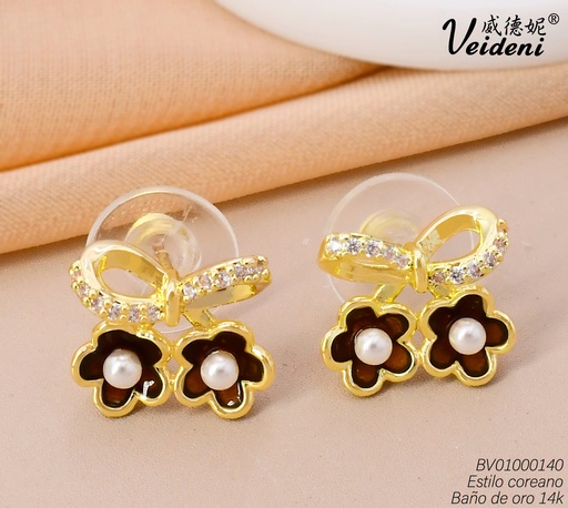 [BV01000140] ARETES BAÑO DE ORO 14K.LAZO C/FLORES COLGANTES EH-3245 (VEI080926)