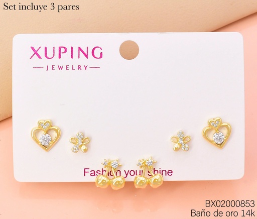 [BX02000853] PAQ.3 PARES ARETES BAÑO DE ORO 14K.XUPING CORAZON/FLOR/CEREZA/ZIRCONIA