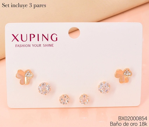 [BX02000854] PAQ. 3 PARES ARETES BAÑO DE ORO 18K. XUPING 3 CORAZOPNES/ZIRCONIA EN ESTRELLA CRISTAL