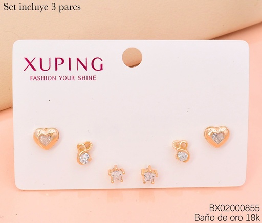 [BX02000855] PAQ. 3 PARES ARETES BAÑO DE ORO 18K. CORAZON/ESTRELLA/ZIRCON CRISTAL