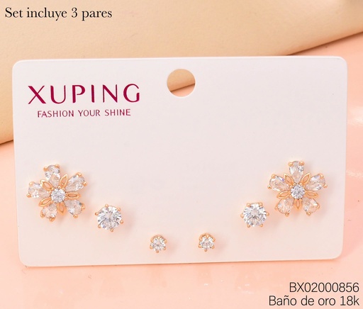 [BX02000856] PAQ. 3 PARES ARETES BAÑO DE ORO 18K. XUPING FLOR/ESTRELLAS ZIRCON CRISTAL