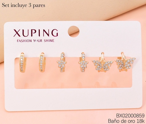 [BX02000859] PAQ. 3 PARES ARETES BAÑO DE ORO 18K. XUPING  MARIPOSA/FLOR/ZIRCON. CRISTAL