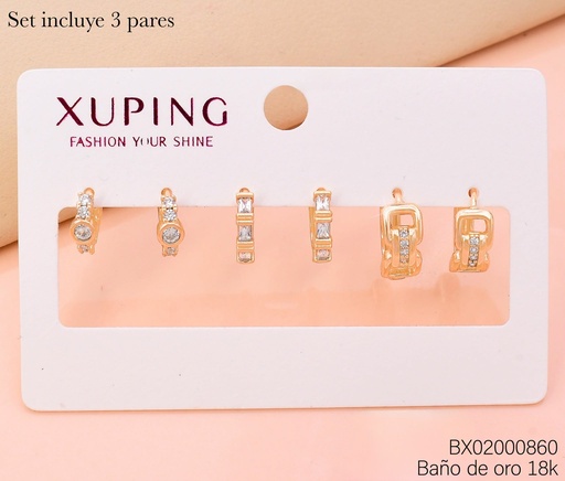 [BX02000860] PAQ. 3 PARES ARETES BAÑO DE ORO 18K. HUGGUIES XUPING ZIRCON. RECTANGULAR ABIERTO CRISTAL