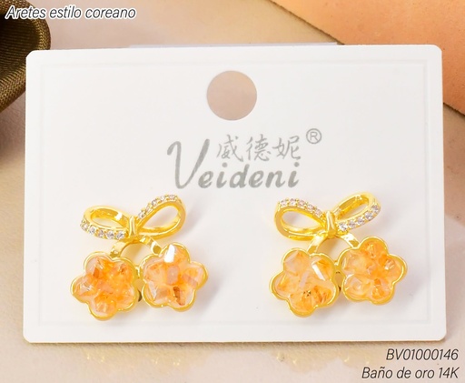 [BV01000146] ARETES BAÑO DE ORO 14K.LAZO C/2 FLORES AMBAR EH-4084 (VEI080926)