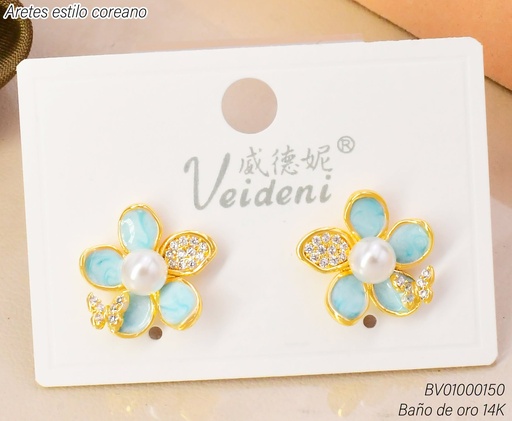 [BV01000150] ARETES BAÑO DE ORO 14K.FLOR 5 PET.CELESTE-ZIRC C/PERLITA  EH-4328 (VEI080926)