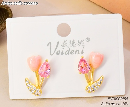 [BV01000156] ARETES BAÑO DE ORO 14K.TULIPAN ROSA C/ZIRC. EH-3771 (VEI080926)