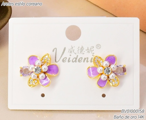 [BV01000158] ARETES BAÑO DE ORO 14K.FLOR LILA C/ZIRC-PERLITA  EH-4323 (VEI080926)