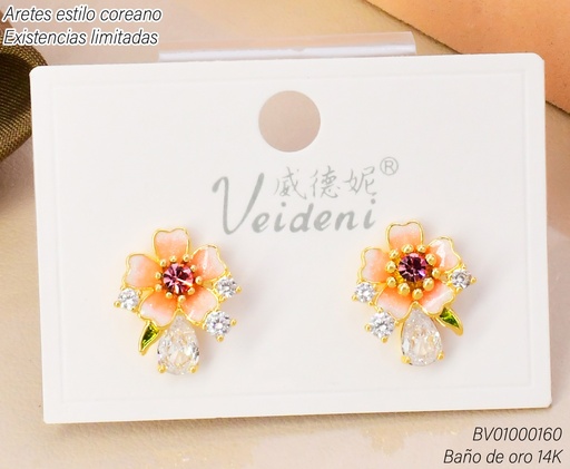 [BV01000160] ARETES BAÑO DE ORO 14K.FLOR ROSADA C/ZIRCONIAS EH-4061 (VEI080926)