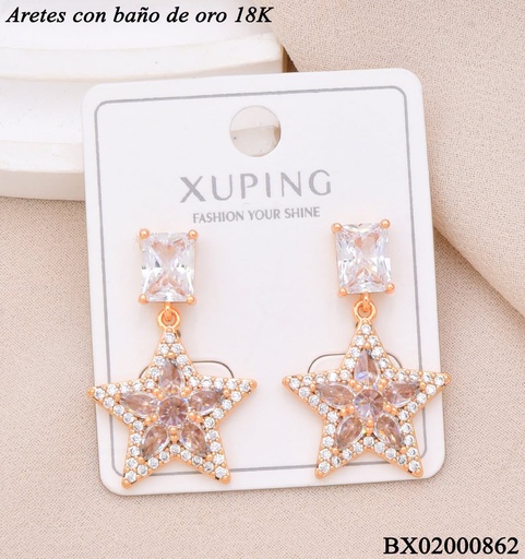 [BX02000862] ARETES BAÑO DE ORO 18K. XUPING RECT/ESTRELLA ZIRCON CRISTAL COLGANDO (XAG)