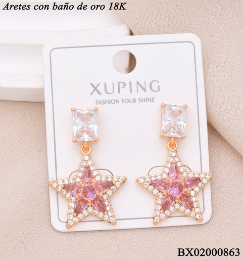 [BX02000863] ARETES BAÑO DE ORO 18K. XUPING RECT/ESTRELLA ZIRCON ROSADO/CRISTAL COLGANDO (XAG)