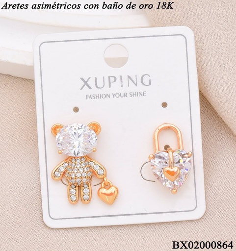 [BX02000864] ARETES BAÑO DE ORO 18K. XUPING OSO ZIRCON. CRISTAL/CANDADO CORAZON CRISTAL ASIMETRICOS (XAG)