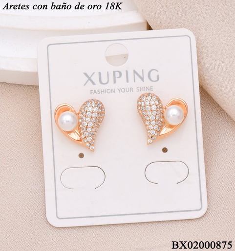 [BX02000875] ARETES BAÑO DE ORO 18K. XUPING CORAZON/PERLA ZIRCON. CRISTAL (XAG)