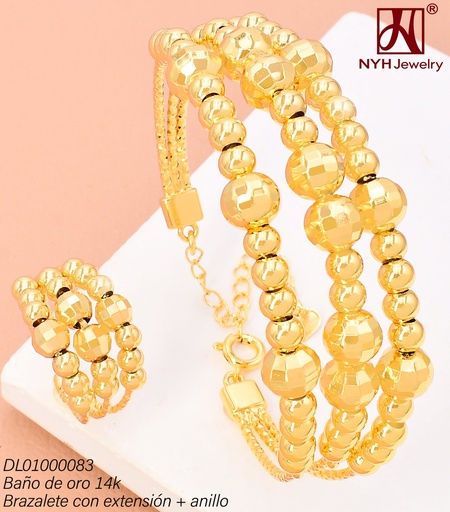 [DL01000083] BRAZALETE C/ANILLO AJUST. BAÑO DE ORO 14K. PELOTAS/ESFERAS YS402A (DEL1)