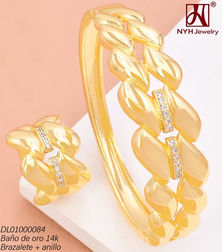 [DL01000084] BRAZALETE C/ANILLO AJUST. BAÑO DE ORO 14K. ESLABONES GRUESOS ENTRELAZADOS/2 LINEAS HORIZ. ZIRC. CRISTAL GSH963A (DEL1)