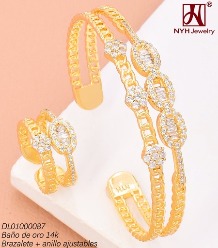 [DL01000087] BRAZALETE AJUST. C/ANILLO AJUST. BAÑO DE ORO 14K. RD 3 FLORES/3 RECTANG/ESLABON ENTRELAZADOS GSH057 (DEL1)