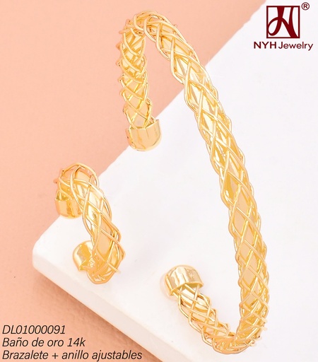 [DL01000091] BRAZALETE AJUST. C/ANILLO AJUST. BAÑO DE ORO 14K. LINEAS ENTRELAZADAS DELGADAS Y F263A (DEL1)