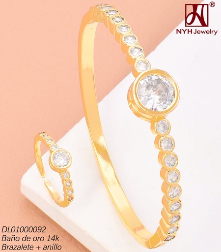 [DL01000092] BRAZALETE C/ANILLO AJUST. BAÑO DE ORO 14K. C(DEL1)IRCULOS ZIRCON. CRISTAL GSH417A