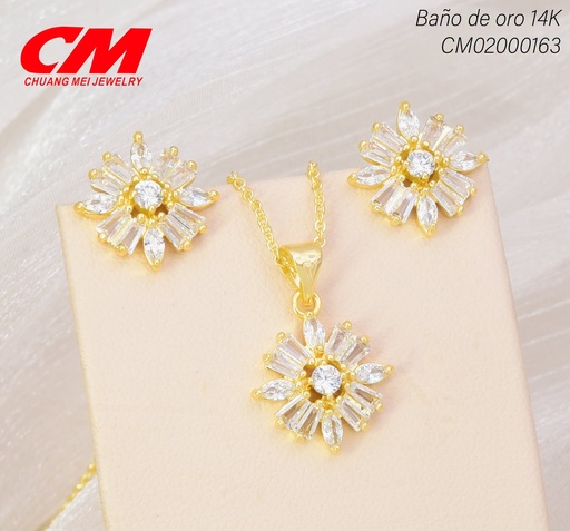 [CM02000163] SET BAÑO DE ORO 14K. FLOR/ZIRCON. RECTNG CRISTAL GT-00370007  (27A)