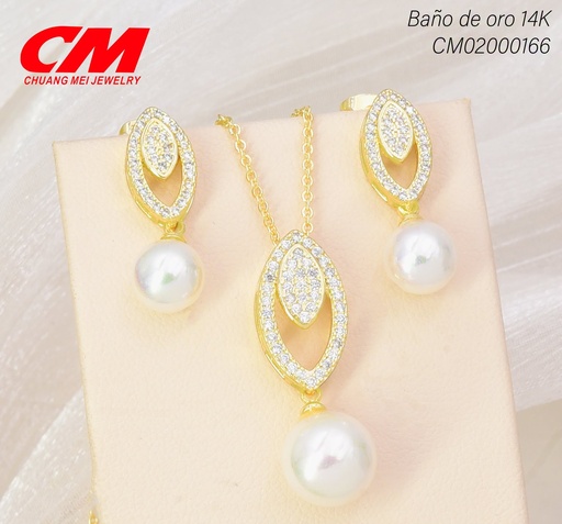 [CM02000166] SET BAÑO DE ORO 14K. OVALO ZIRCON CRISTAL/PERLA GT-01200004 (27A)