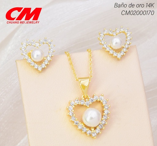 [CM02000170] SET BAÑO DE ORO 14K. CORAZON/ORILLA ZIRCON. CRISTAL/PERLA GT-03800009 (27A)