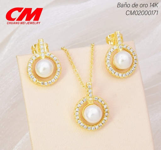 [CM02000171] SET BAÑO DE ORO 14K. PERLA/CIRCULO ZIRCON. CRISTAL GT-04670004 (27A)