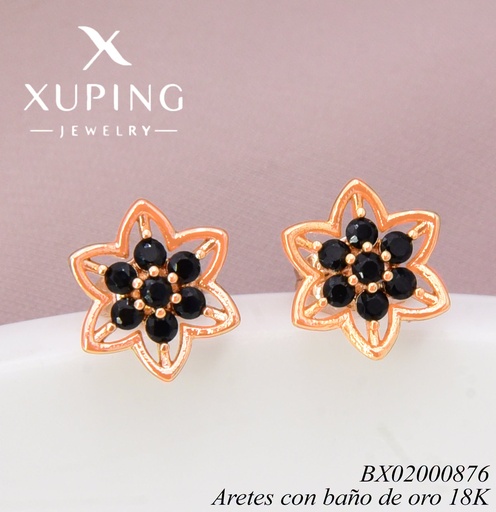 [BX02000876] ARETES BAÑO DE ORO 18K.  FLOR ZIRC. NEGRAS  (XL230926)