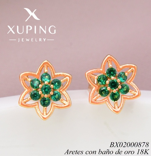 [BX02000878] ARETES BAÑO DE ORO 18K.  FLOR ZIRC. VERDE  (XL230926)