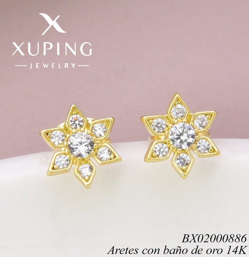 [BX02000886] ARETES BAÑO DE ORO 14K. FLOR PETALOS ZIRC. /PUNTAS X001354513 27AGOS(XP)