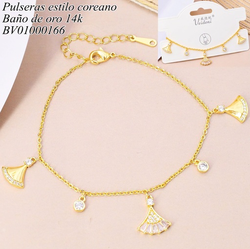 [BV01000166] PULSERA BAÑO DE ORO 14K. CON COLGANTE ZIRC. RD /ABANICO (VEI080926)