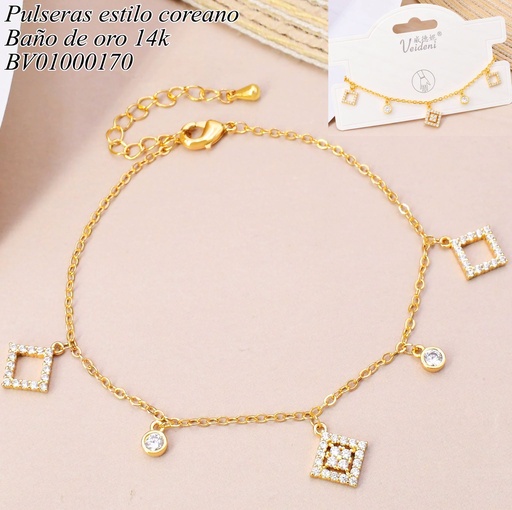 [BV01000170] PULSERA BAÑO DE ORO 14K. CON COLGANTE CUADROS ZIRC. SL-0189 (VEI080926)