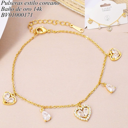 [BV01000171] PULSERA BAÑO DE ORO 14K. CON COLGANTE CORAZONES/GOTA ZIRC. SL-0273 (VEI080926)