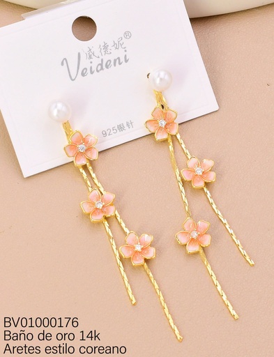 [BV01000176] ARETES BAÑO DE ORO 14K. LARGO PERLA / FLORES ESMALADAS EH-2665 (VEI080926)