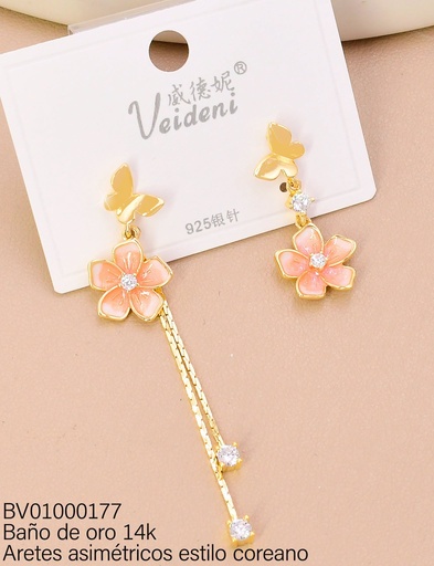 [BV01000177] ARETES BAÑO DE ORO 14K. LARGOS MARIPOSA/FLOR ESMALTADAS EH-2936 (VEI080926)