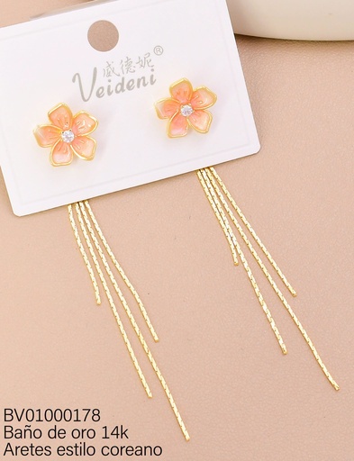 [BV01000178] ARETES BAÑO DE ORO 14K. LARGOS FLOR ESMALTADA ROSADA MMEH-0139 (VEI080926)