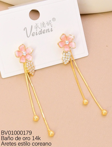 [BV01000179] ARETES BAÑO DE ORO 14K. LARGOS FLOR ESMALTADA/HOJA ZIRC. EH-2669 (VEI080926)