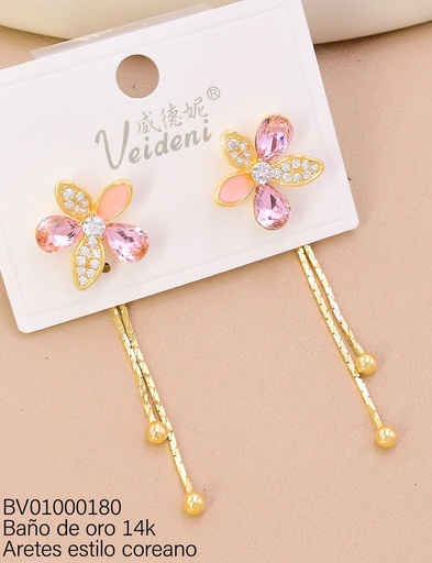[BV01000180] ARETES BAÑO DE ORO 14K. LARGOS FLOR ESMALTADA/ZIRC. EH-4444 (VEI080926)