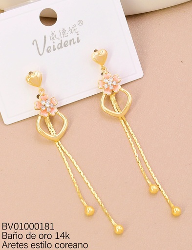 [BV01000181] ARETES BAÑO DE ORO 14K. LARGOS CORAZON/FLOR ESMALTADA/ROMBO EH-4013  (VEI080926)