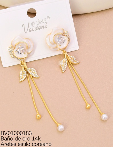 [BV01000183] ARETES BAÑO DE ORO 14K. LARGOS FLOR BLANCA/HOJITAS ZIRC. EH-1976 (VEI080926)