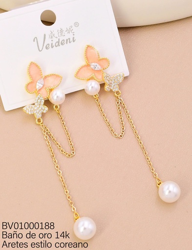 [BV01000188] ARETES BAÑO DE ORO 14K. LARGOS MARIPOSA ROSADA ESMALTADA /ZIRC/PERLA EH-4452 (VEI080926)