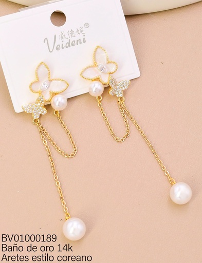 [BV01000189] ARETES BAÑO DE ORO 14K. LARGOS MARIPOSA BLANCA ESMALTADA/ZIRC/PERLAS EH-4452 (VEI080926)