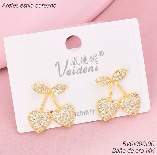 [BV01000190] ARETES BAÑO DE ORO 14K. CEREZAS ZIRC. (CORAZONES) EH-4277