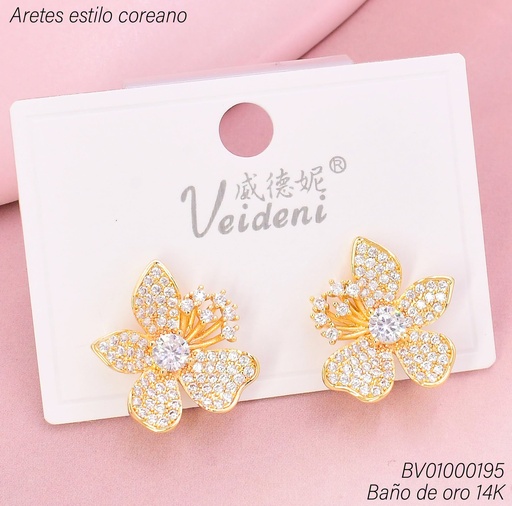 [BV01000195] ARETES BAÑO DE ORO 14K. FLOR ZIRC. /PISTILOS COLGANTES EH-4120 (VEI080926)