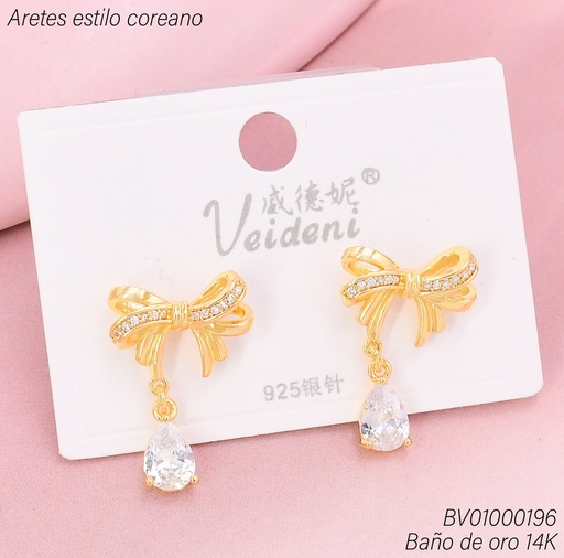 [BV01000196] ARETES BAÑO DE ORO 14K. LAZO/ZIRC GOTA COLGANTE EH-2759 (VEI080926)