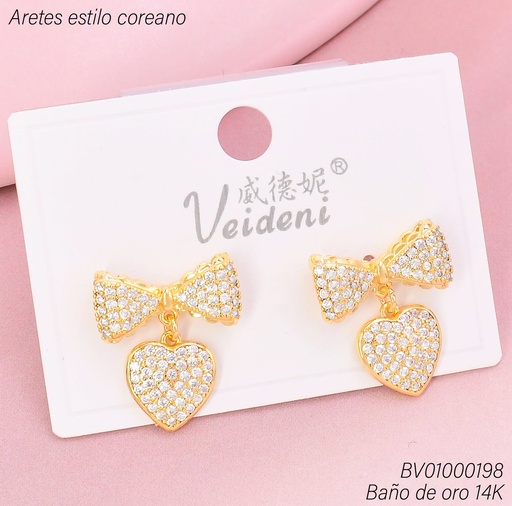 [BV01000198] ARETES BAÑO DE ORO 14K. LAZO/CORAZON ZIRC EH-4295 (VEI080926)
