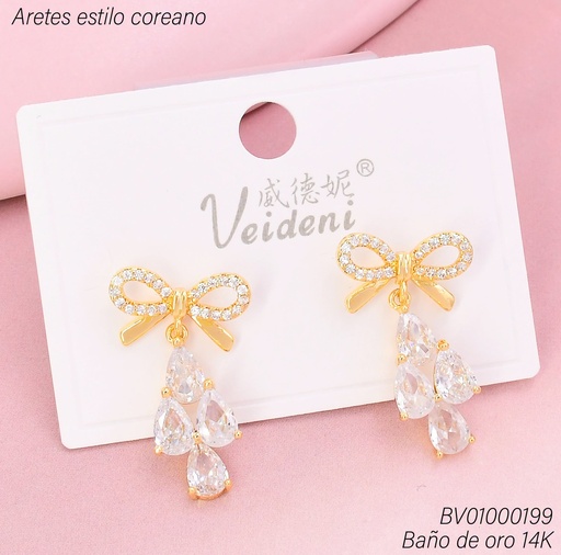 [BV01000199] ARETES BAÑO DE ORO 14K. LAZO/GOTAS ZIRC. MMEH-0528 (VEI080926)