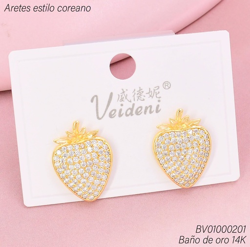 [BV01000201] ARETES BAÑO DE ORO 14K. FRESA/HOJITAS LISAS EH-4279 (VEI080926)