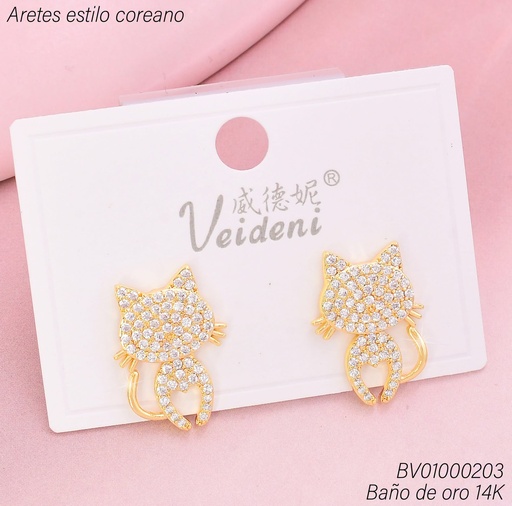 [BV01000203] ARETES BAÑO DE ORO 14K. GATO ZIRC. EH-4276 (VEI080926)